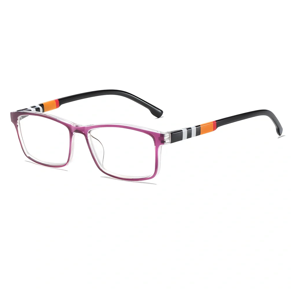 Stylish anti-blue light reading glasses in black, blue, brown, and purple frames with multiple strength options