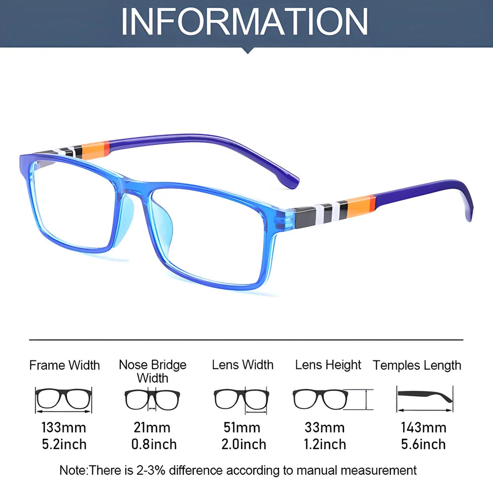 Stylish anti-blue light reading glasses in black, blue, brown, and purple frames with multiple strength options