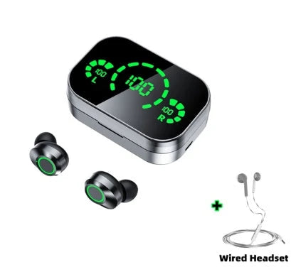 Wireless Bluetooth earbuds with digital display, showing different color and style options