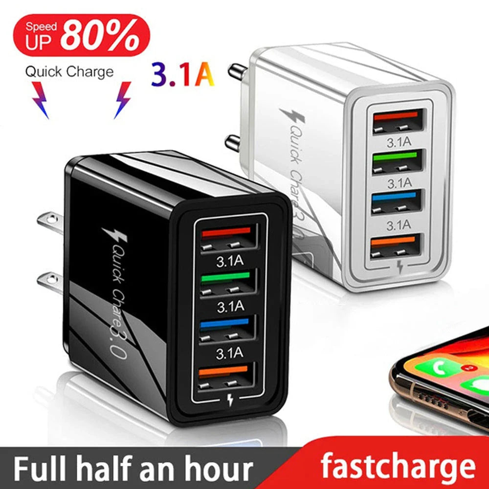 4-Port High-Speed USB Wall Charger with Quick Charge 3.0 Technology for Simultaneous Charging of Multiple Devices