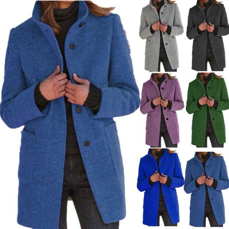 Fashionable wool coat with stand collar and pockets for women's fall/winter outerwear