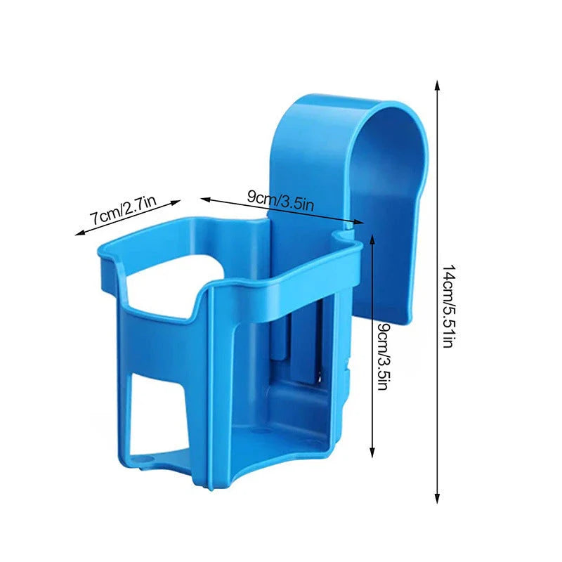 Poolside drink holder attached to the edge of a swimming pool, securely holding a variety of beverage containers.
