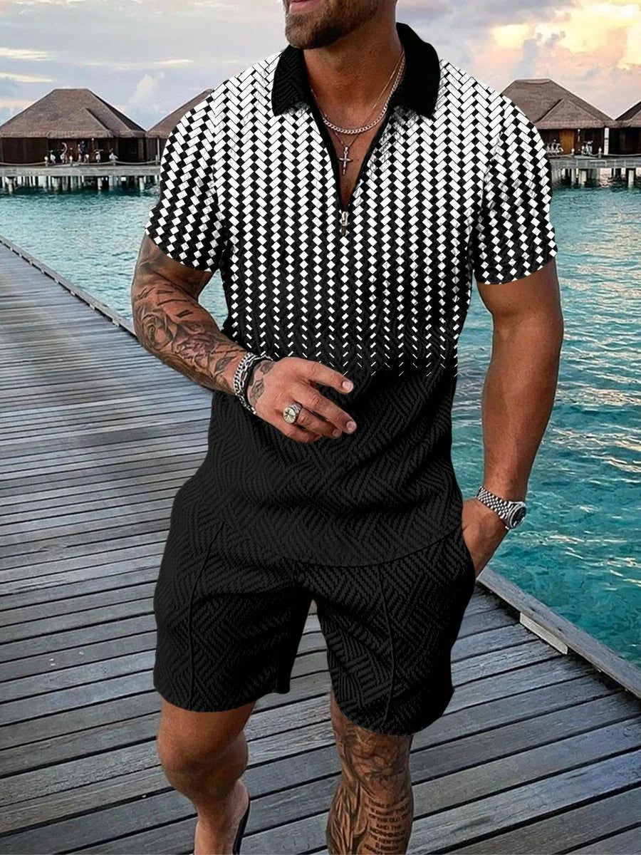 Men's casual contrast polo zip lapel shirt with shorts set in various colours