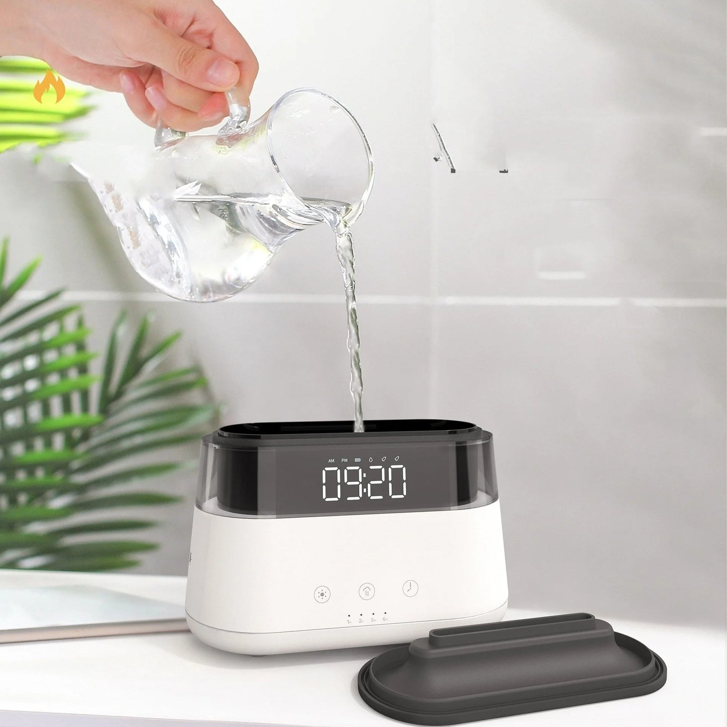 White Flame Humidifier with clock display and USB power