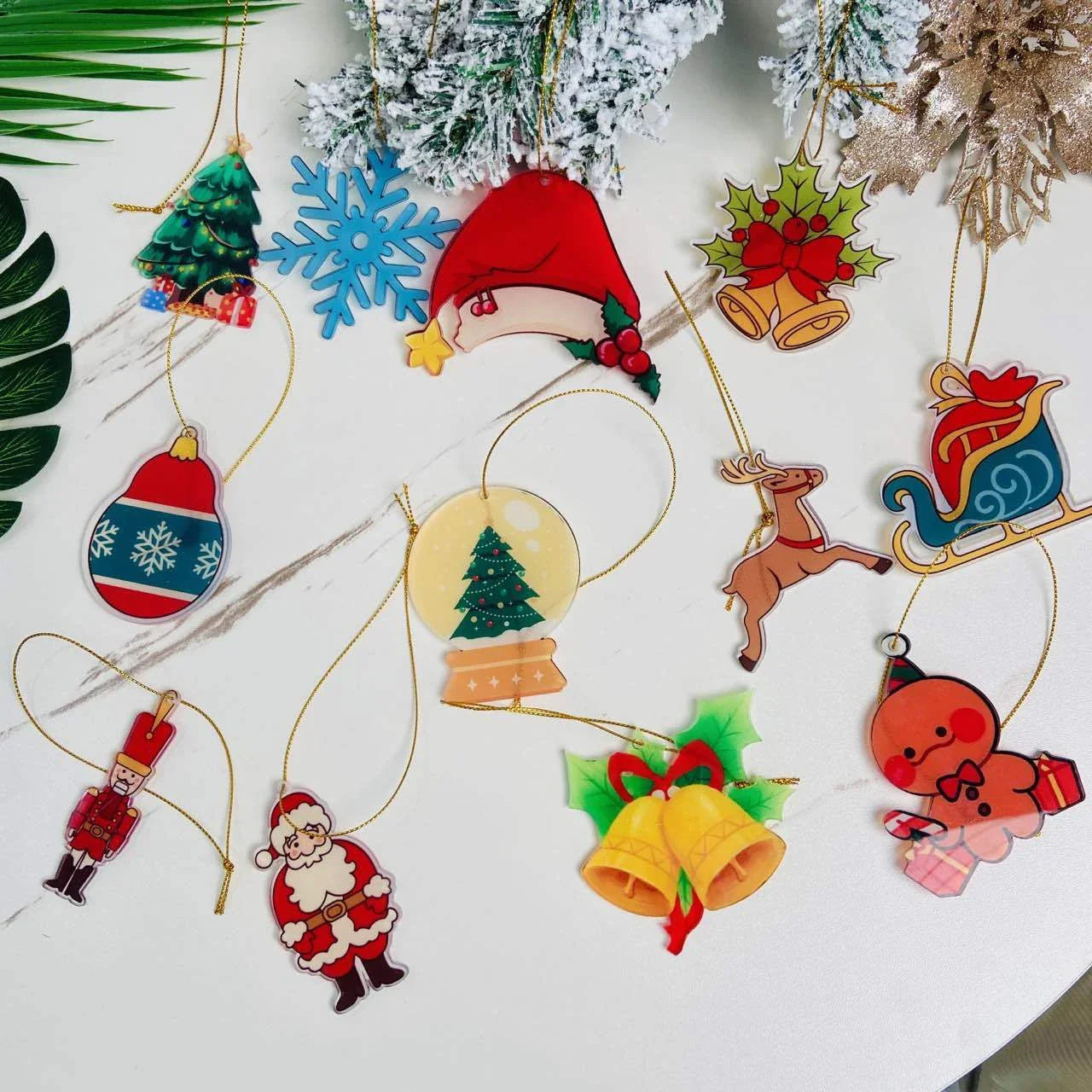 Festive car ornament hanging from rearview mirror with Christmas designs