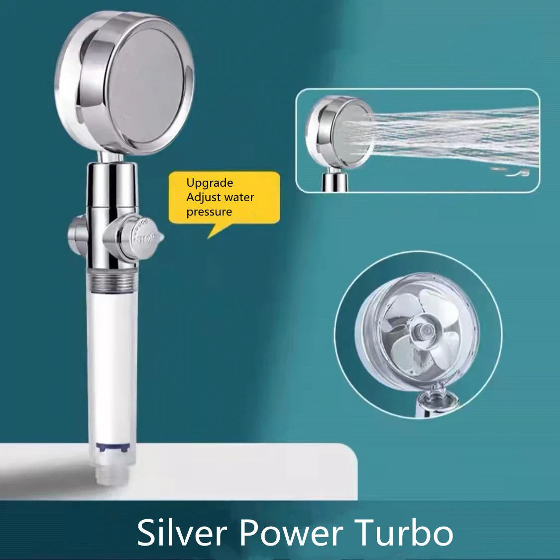 360-degree rotating high-pressure shower head with built-in fan and adjustable water spray