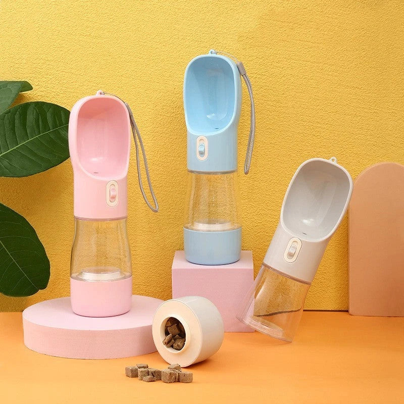 Portable pet water bottle and food bowl made of durable plastic, available in multiple colors for outdoor adventures with your furry friend.