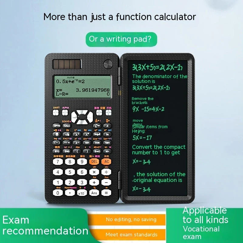 Versatile 2-in-1 scientific calculator and digital notepad with foldable design, LCD display, and intuitive button layout