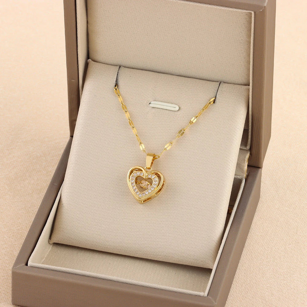 Elegant double-layered love necklace with rhinestones, titanium steel pendant, fashion jewellery for women