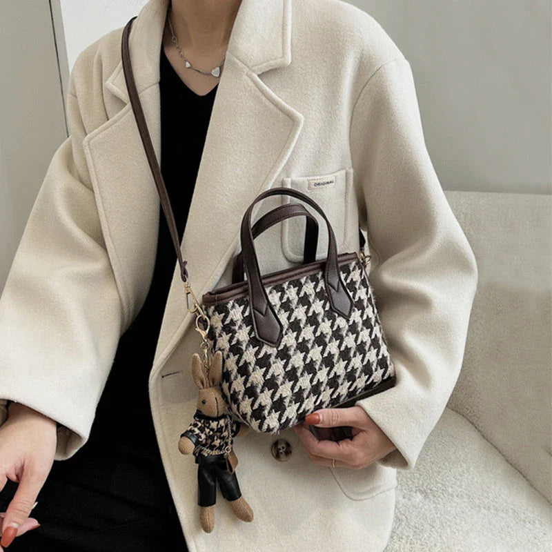 Stylish houndstooth shoulder bags in various colors, including black, coffee, and brown, with and without pendants, featuring a portable and versatile design for everyday use.