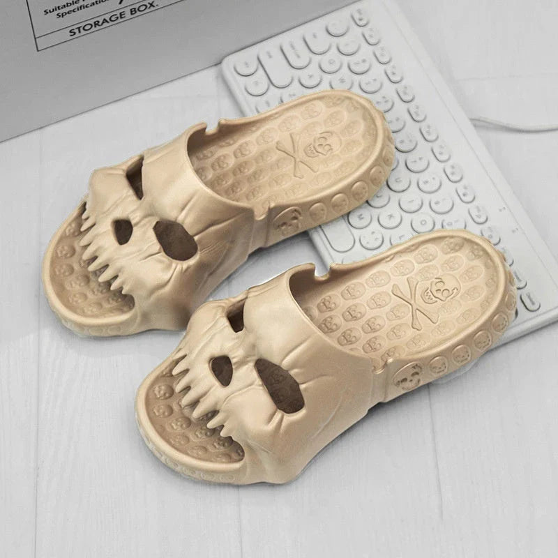 Spooky skull-designed slippers in various colors and sizes for indoor, outdoor, and beach wear
