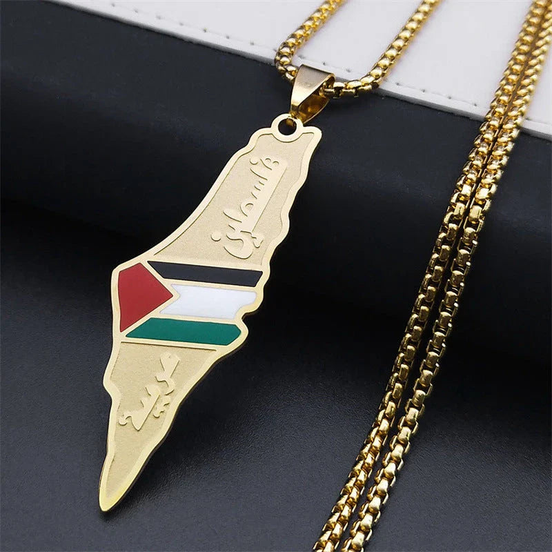 Stainless steel Israel and Palestine map pendant necklace in gold and silver colors