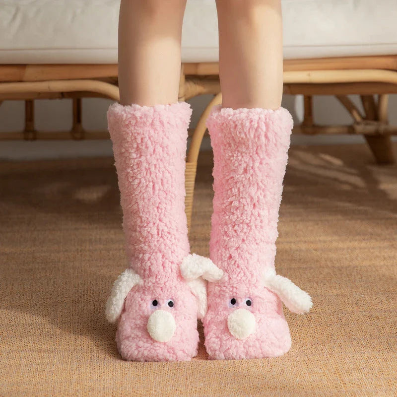 Cozy cartoon dog-patterned floor socks in various colors for comfortable winter wear