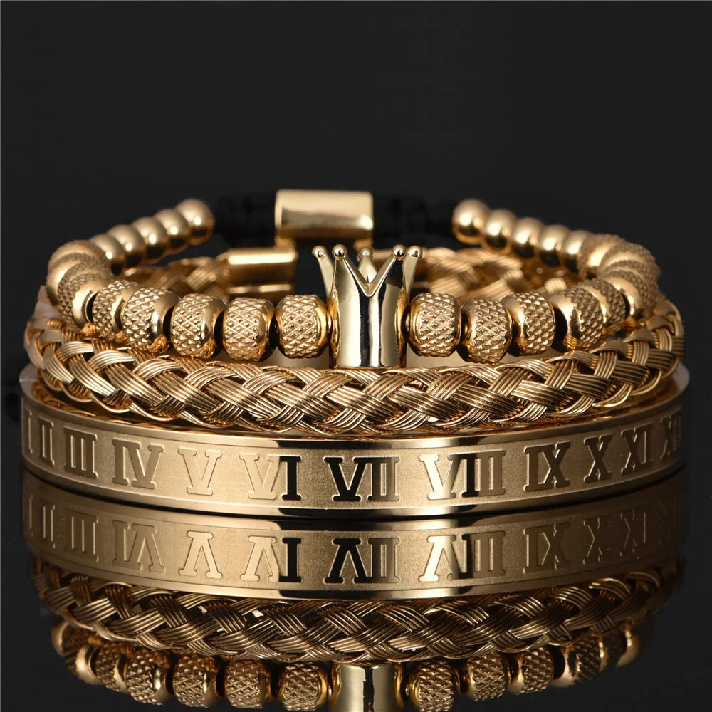 Men's stainless steel crown charm adjustable bracelet with zircon details