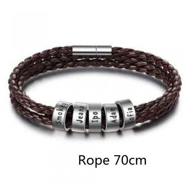Personalized Leather Bracelet with Engraved Name Charm in Black and Brown Colors