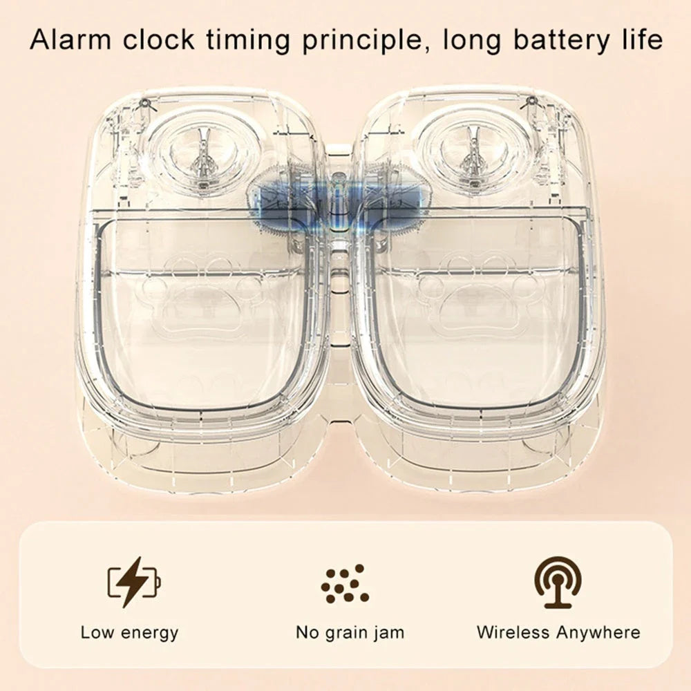 Automatic pet feeder made of durable plastic and stainless steel, designed to dispense consistent meals for cats and dogs without electricity