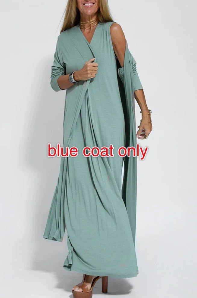 Stylish Women's V-neck Sleeveless Dress with Long Cardigan in various colors