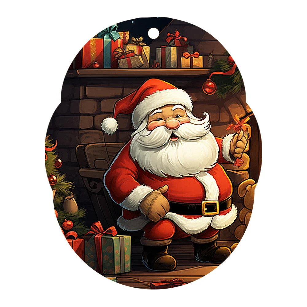 Festive car ornament hanging from rearview mirror with Christmas designs