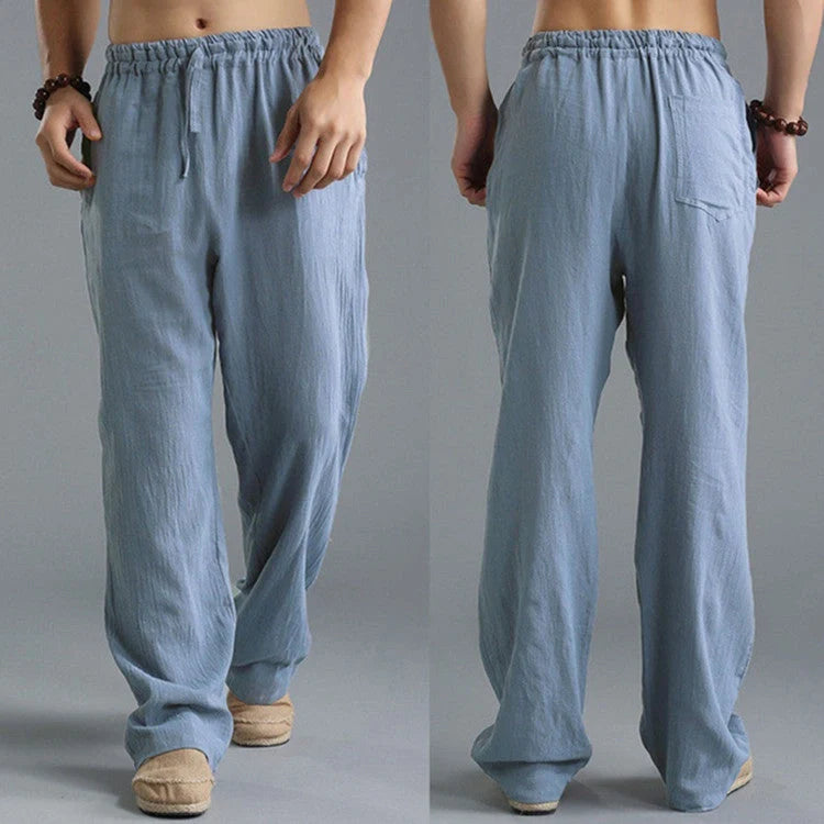 Men's breathable linen loose-fit sports pants in khaki, black, light blue, and off-white