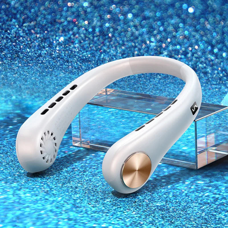 Portable bladeless neck fan with rechargeable air cooler for hands-free cooling in various colors and sizes