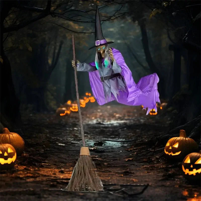 Captivating 6-foot-tall floating witch decoration with lifelike face and dramatic purple skirt, perfect for spooky Halloween displays