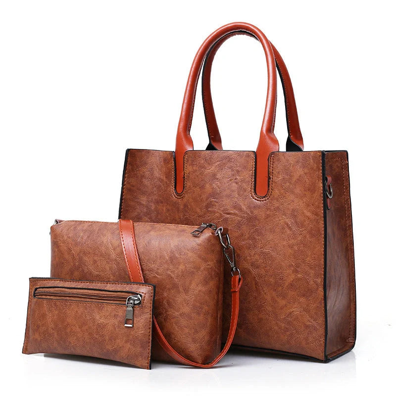 Retro three-piece women's bag set in PU leather, available in red, black, and brown