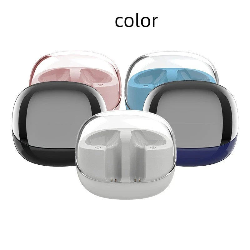 Wireless Bluetooth earbuds with transparent design, offering 9D surround sound, ergonomic fit, and convenient connectivity