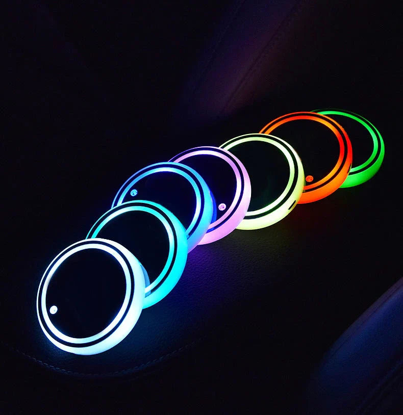 Colorful Car Cup Holder with LED Light-Up Coaster, Solar & USB Charging, Non-Slip Mat for Ambient Lighting