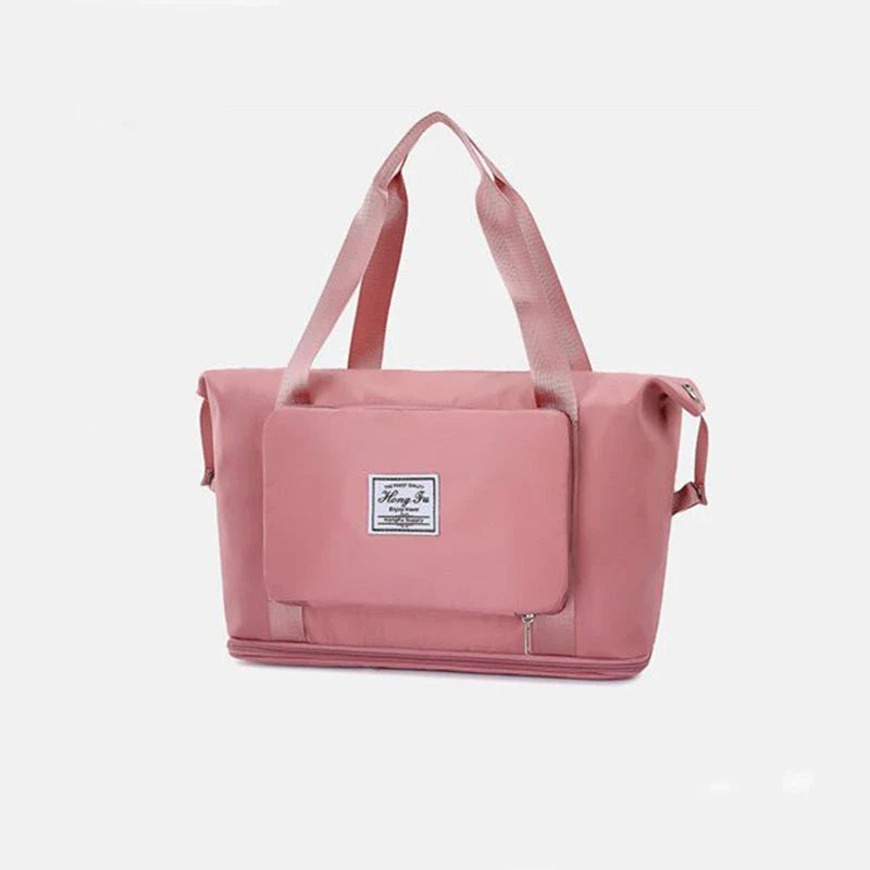 Expandable travel duffel bag with adjustable shoulder strap, multiple interior pockets, and water-resistant Oxford cloth material