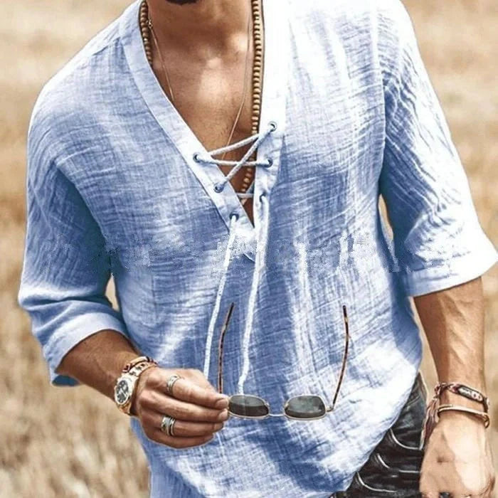 Lace-up cotton mid-sleeve t-shirt in various colours and sizes, perfect for casual and smart-casual occasions