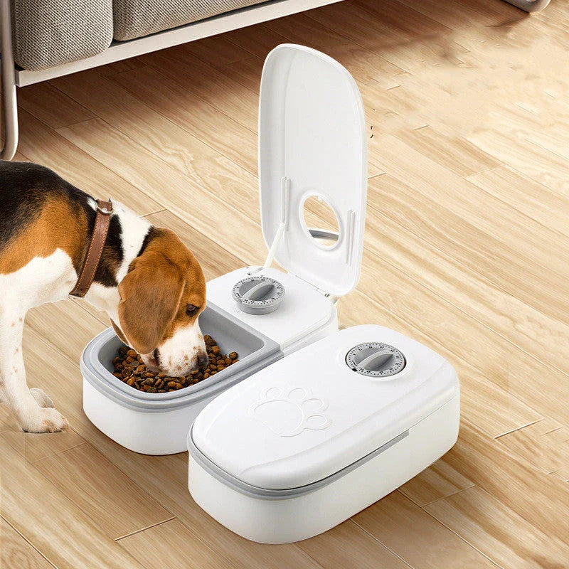 Automatic pet feeder made of durable plastic and stainless steel, designed to dispense consistent meals for cats and dogs without electricity