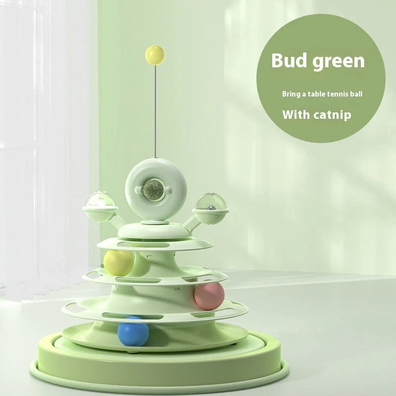 Interactive 4-level cat toy tower with turntable and roller balls in vibrant colours