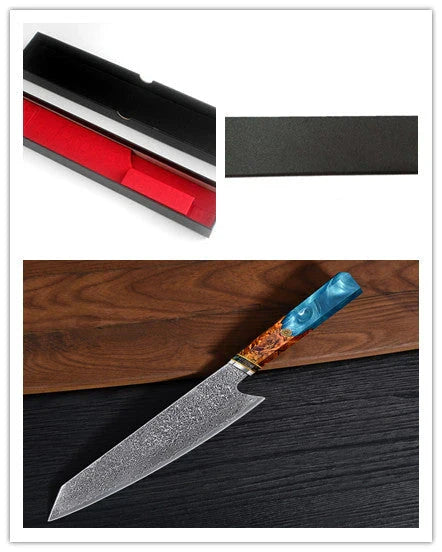 Exquisite Japanese Damascus Steel Chef's Knife with Stunning Brocade Pattern and Ergonomic Resin Wood Handle