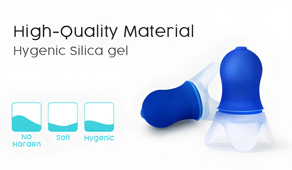Multipurpose pressure-equalising earplugs in blue silicone with clear flanges, designed for comfortable in-flight use and various noise-filled activities.