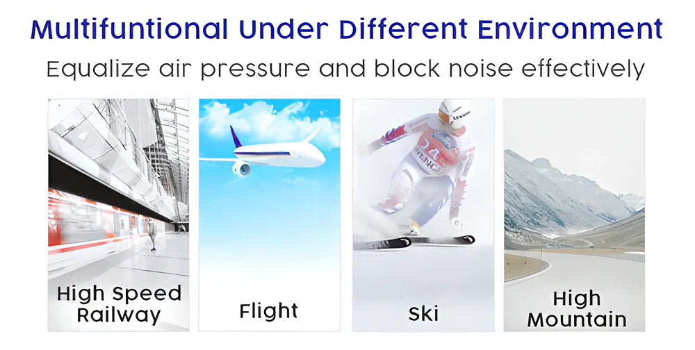 Multipurpose pressure-equalising earplugs in blue silicone with clear flanges, designed for comfortable in-flight use and various noise-filled activities.