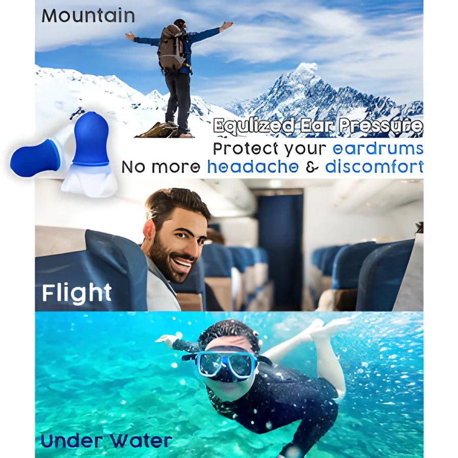 Multipurpose pressure-equalising earplugs in blue silicone with clear flanges, designed for comfortable in-flight use and various noise-filled activities.