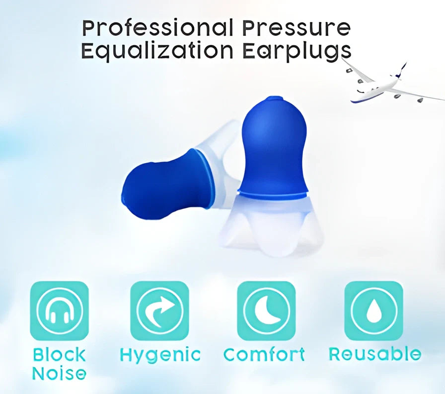 Multipurpose pressure-equalising earplugs in blue silicone with clear flanges, designed for comfortable in-flight use and various noise-filled activities.