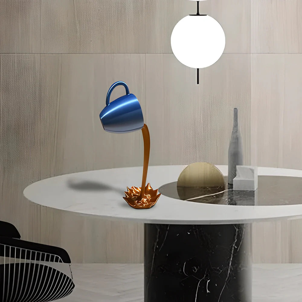 Elegant floating coffee cup art sculpture with a unique and mesmerising design, crafted from high-quality resin for a sophisticated decorative accent.