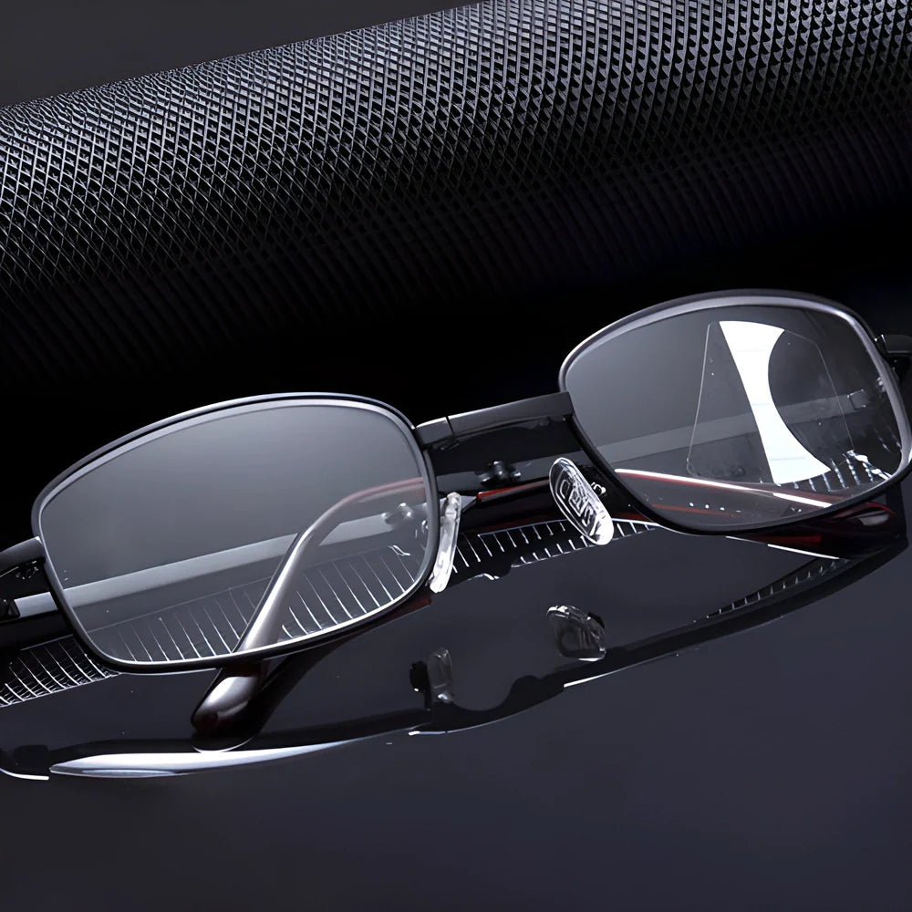 Folding anti-blue-light reading glasses with a premium leather case, showcasing a sleek and sophisticated design