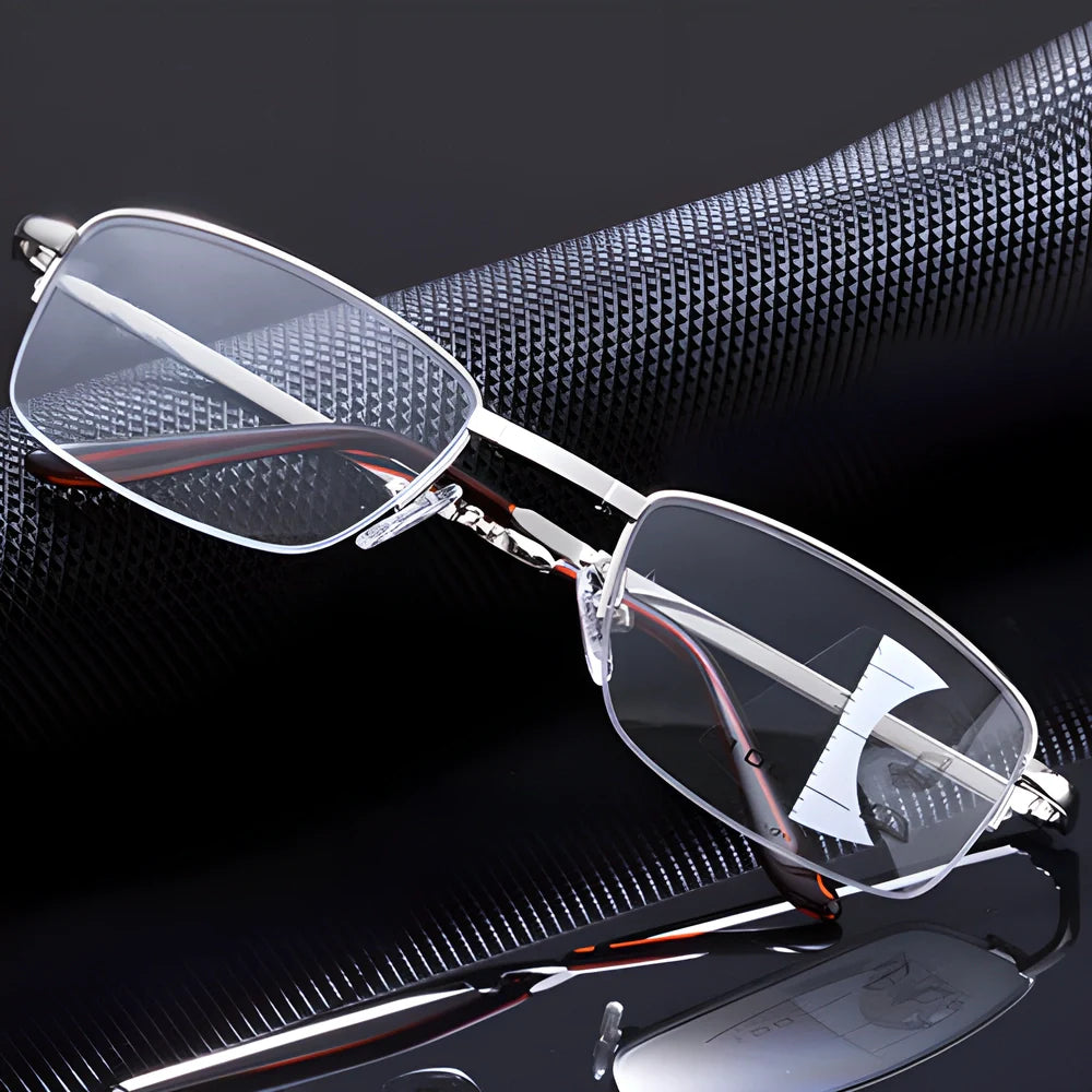Folding anti-blue-light reading glasses with a premium leather case, showcasing a sleek and sophisticated design