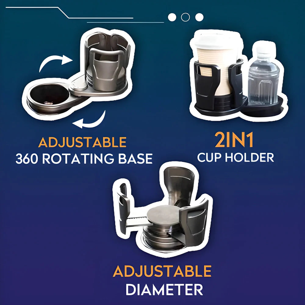 Versatile Car Cup Holder and Organiser with 360-degree rotating base, adjustable cup mouth, and premium ABS construction
