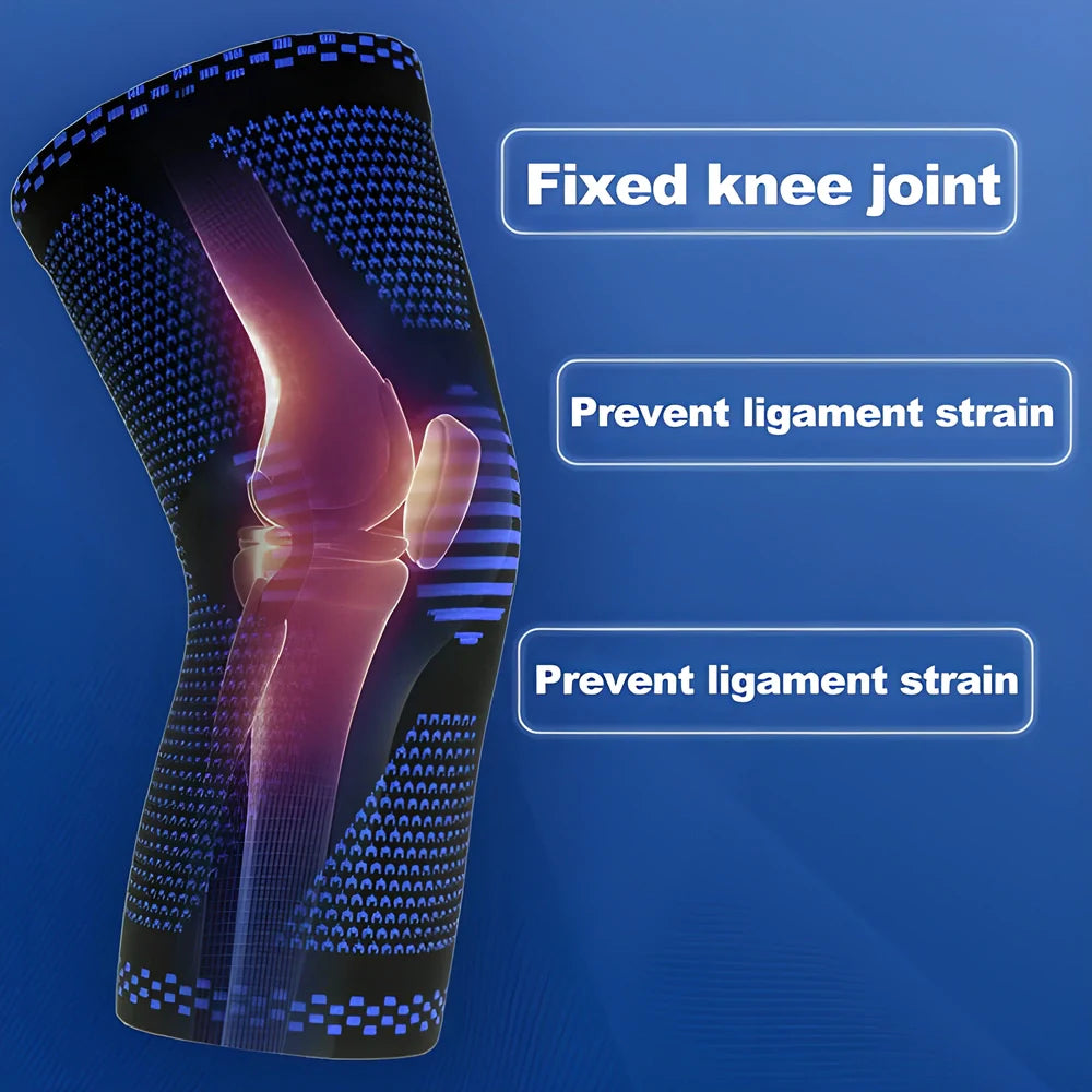 A premium sports knee brace with adjustable Velcro straps, stabilising side strips, and breathable neoprene material for enhanced support and comfort.