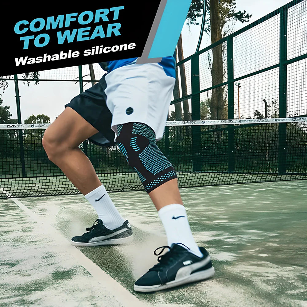 A premium sports knee brace with adjustable Velcro straps, stabilising side strips, and breathable neoprene material for enhanced support and comfort.