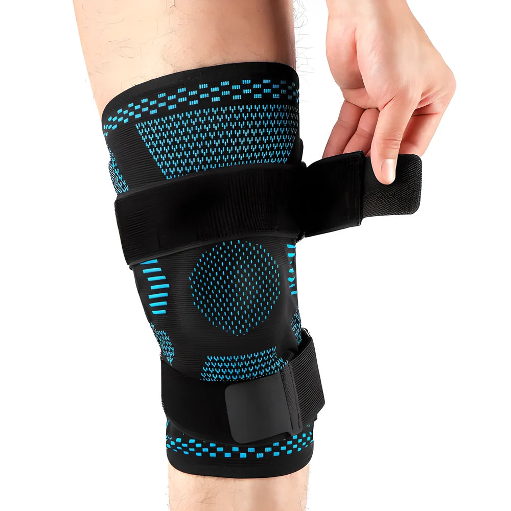 A premium sports knee brace with adjustable Velcro straps, stabilising side strips, and breathable neoprene material for enhanced support and comfort.
