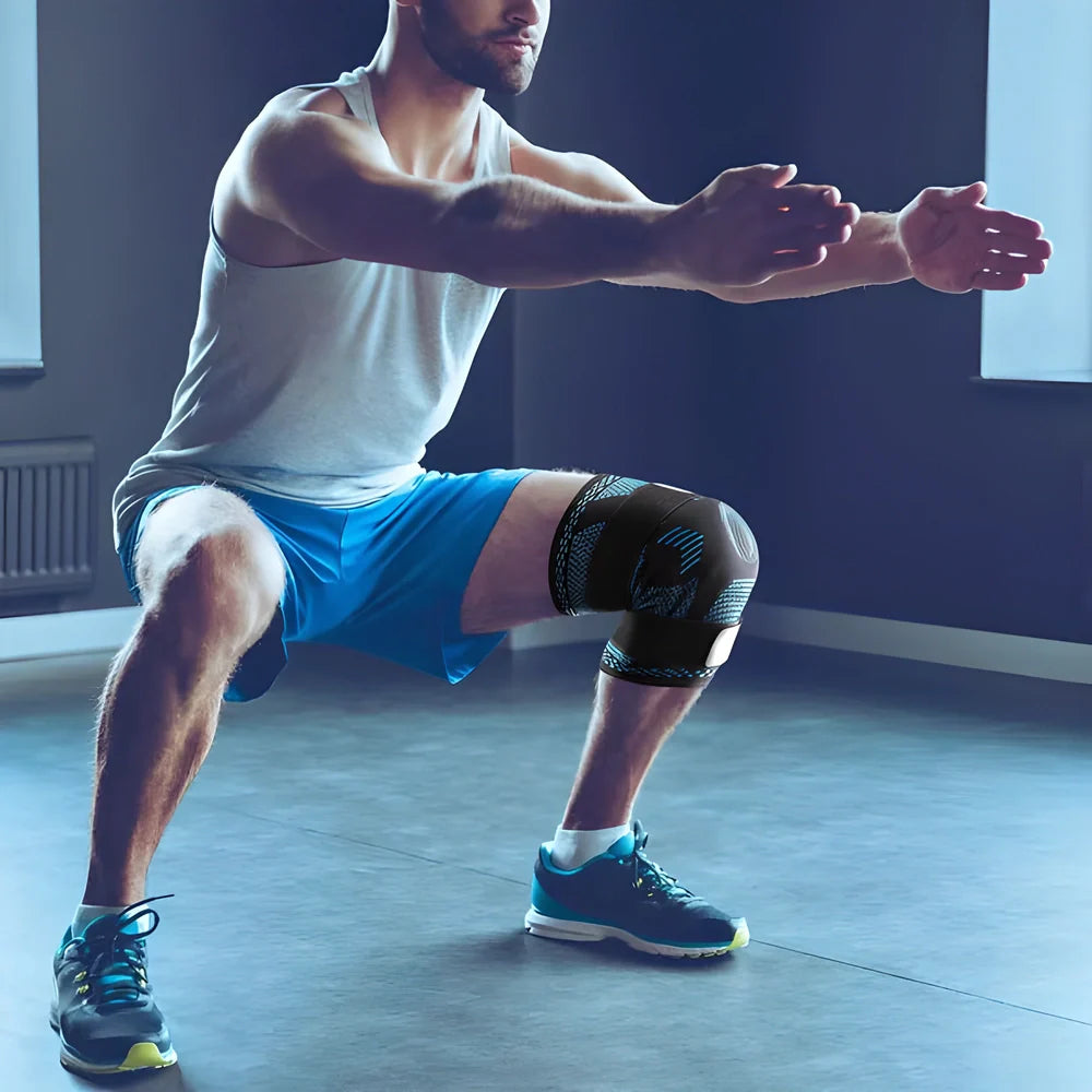 A premium sports knee brace with adjustable Velcro straps, stabilising side strips, and breathable neoprene material for enhanced support and comfort.