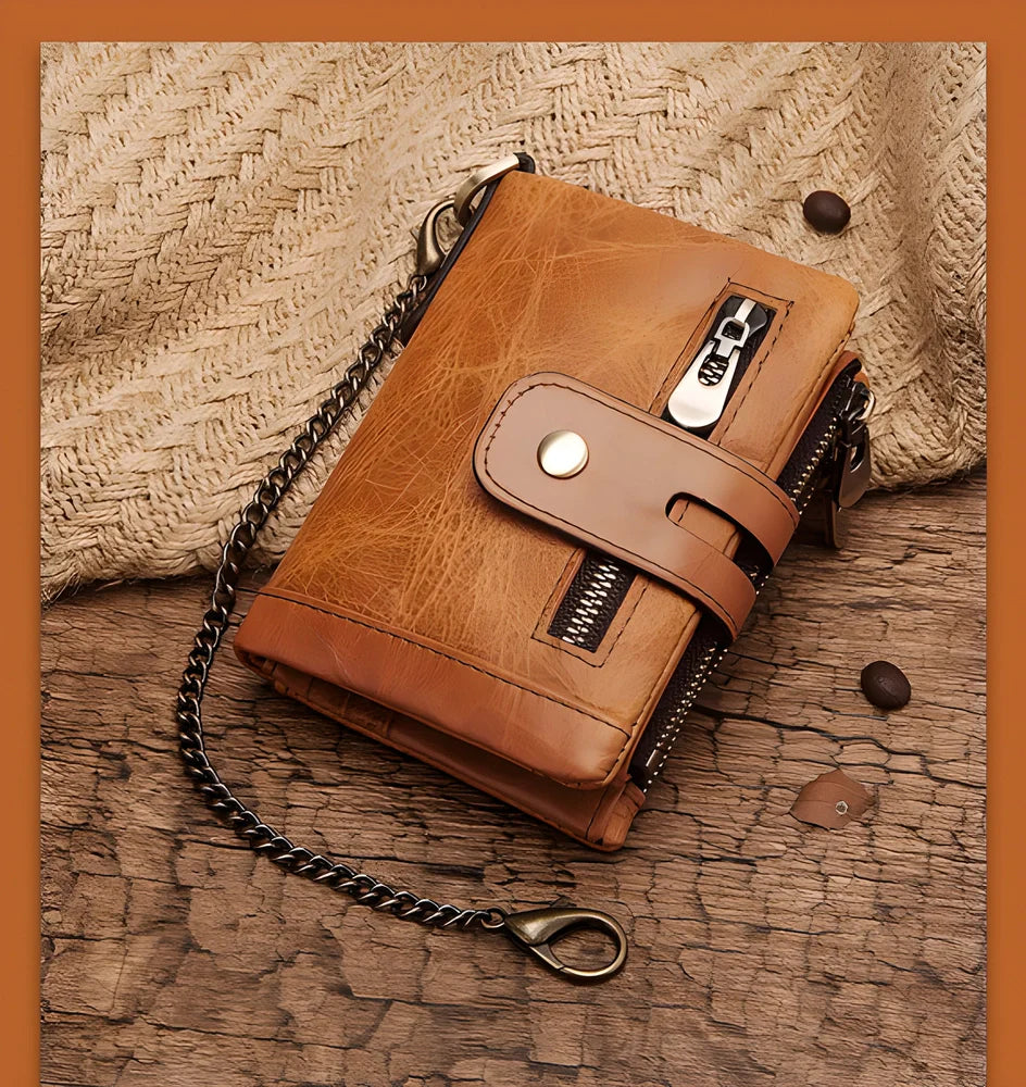 Genuine leather vintage RFID blocking wallet for men with card slots, coin pouch, and chain