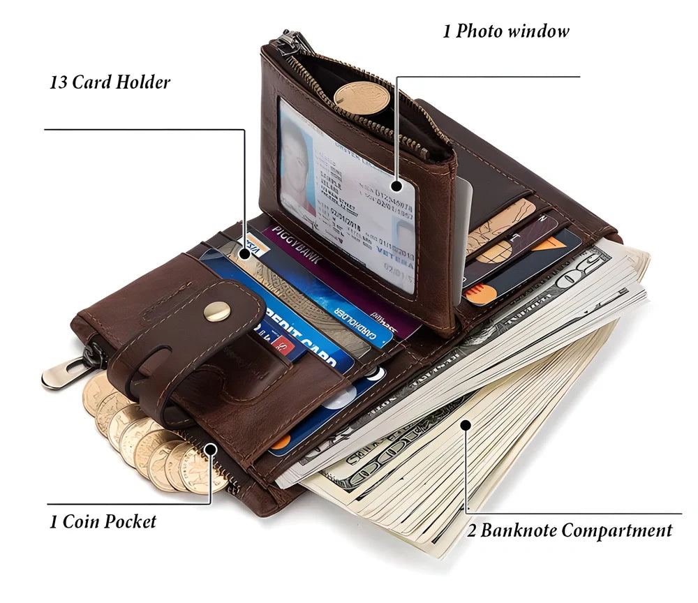 Genuine leather vintage RFID blocking wallet for men with card slots, coin pouch, and chain
