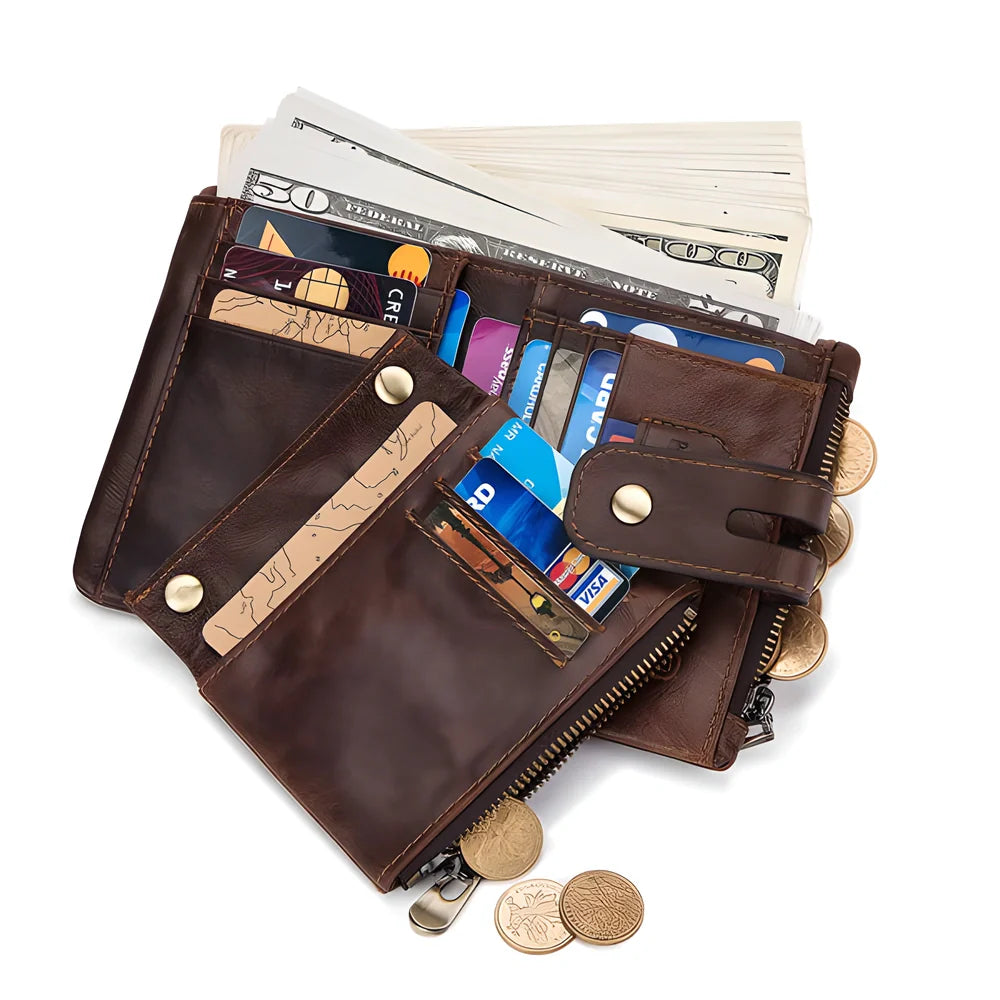 Genuine leather vintage RFID blocking wallet for men with card slots, coin pouch, and chain