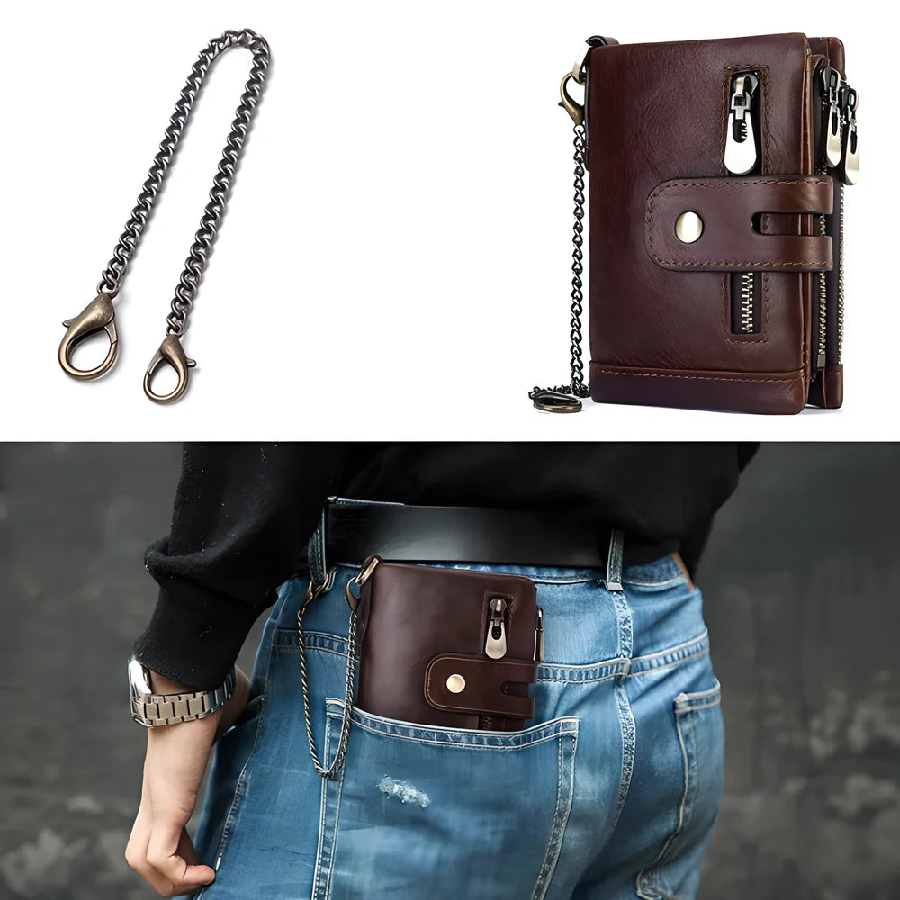 Genuine leather vintage RFID blocking wallet for men with card slots, coin pouch, and chain