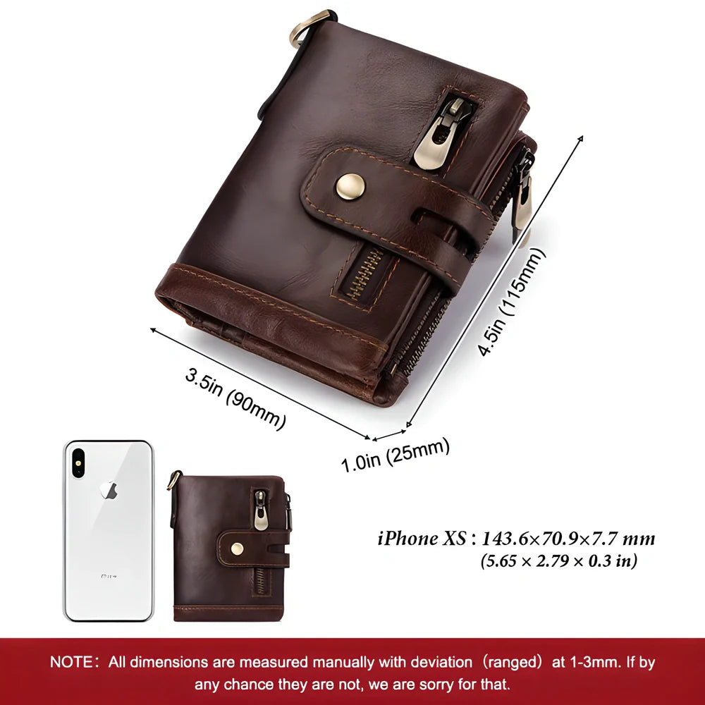 Genuine leather vintage RFID blocking wallet for men with card slots, coin pouch, and chain